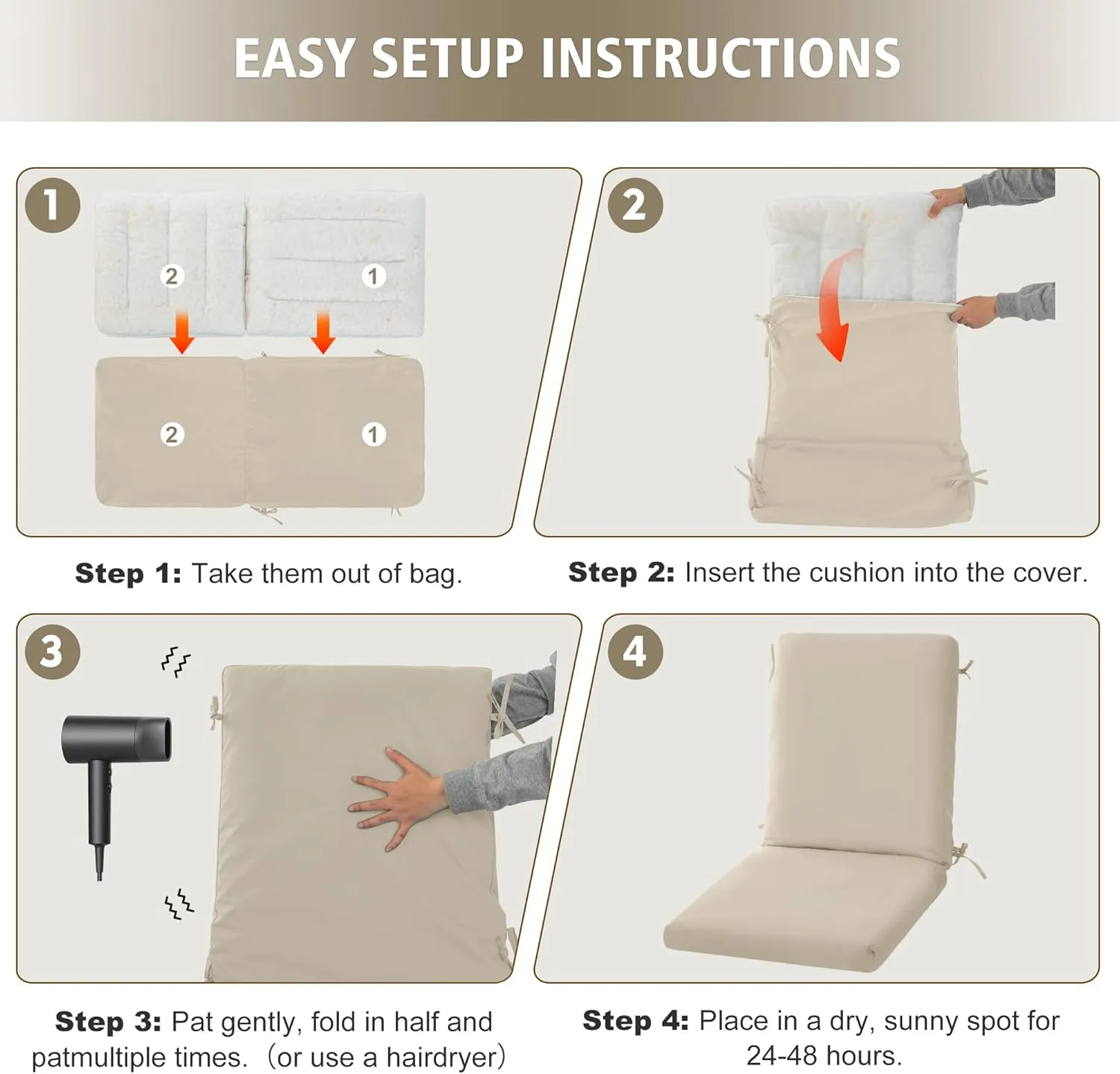 High Back Outdoor Chair Cushions 44''x20'' - Patio Dining Chair Cushions with Waterproof, Fade-Resistant, Removable & Machine-Washable Covers, Cream