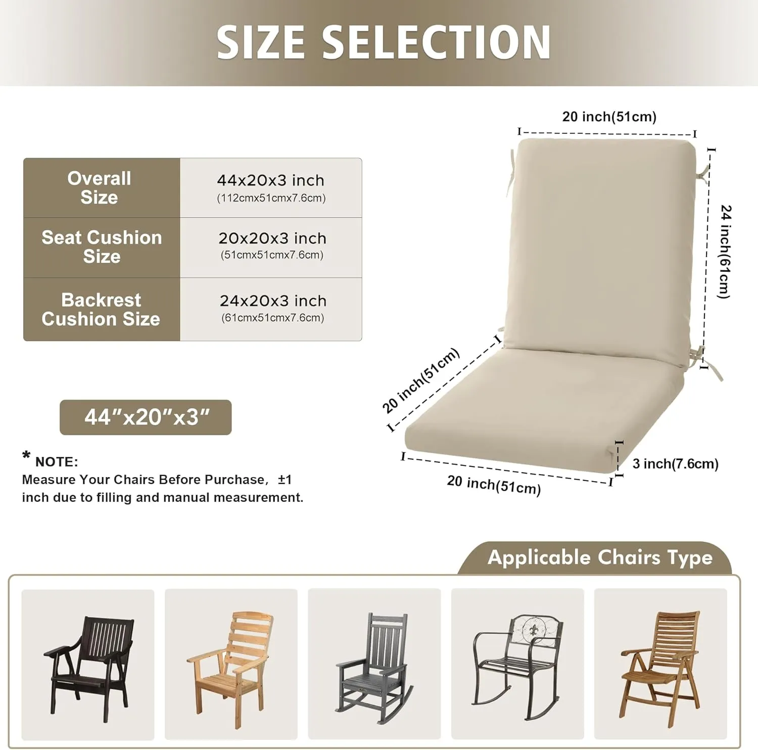 High Back Outdoor Chair Cushions 44''x20'' - Patio Dining Chair Cushions with Waterproof, Fade-Resistant, Removable & Machine-Washable Covers, Cream