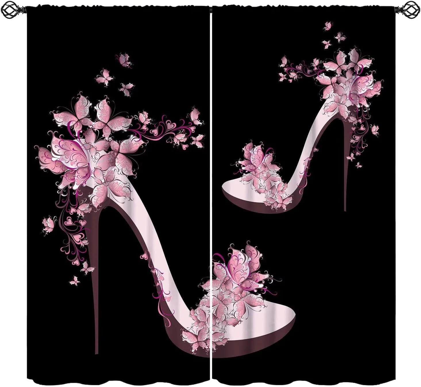 High Heels Blackout Curtains Pink Black Butterfly Flower Abstract Art Print for Girls Women Bedroom Living Room Rod Pocket Decoration Window Drapes 2 Panels W31.5xL63in