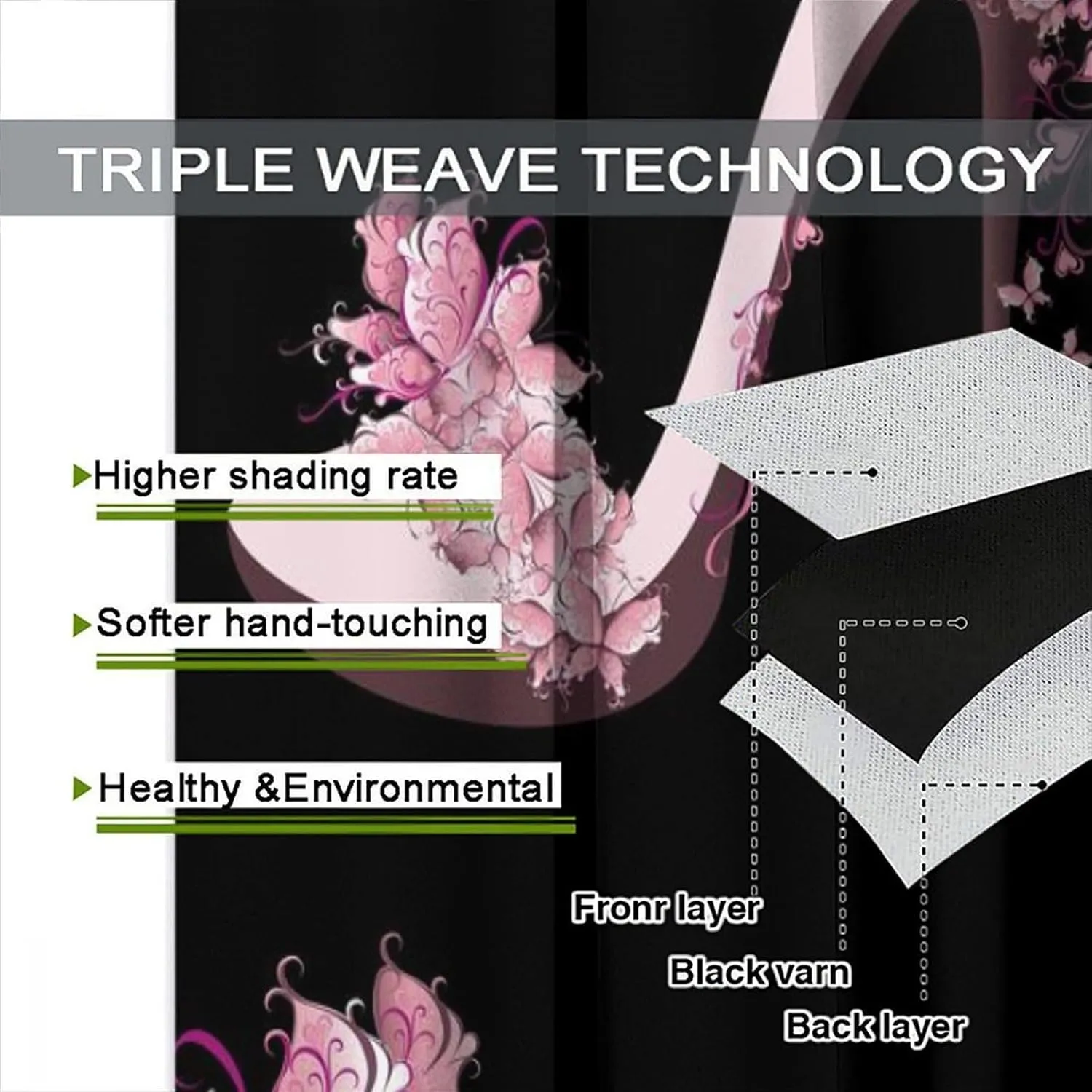 High Heels Blackout Curtains Pink Black Butterfly Flower Abstract Art Print for Girls Women Bedroom Living Room Rod Pocket Decoration Window Drapes 2 Panels W31.5xL63in