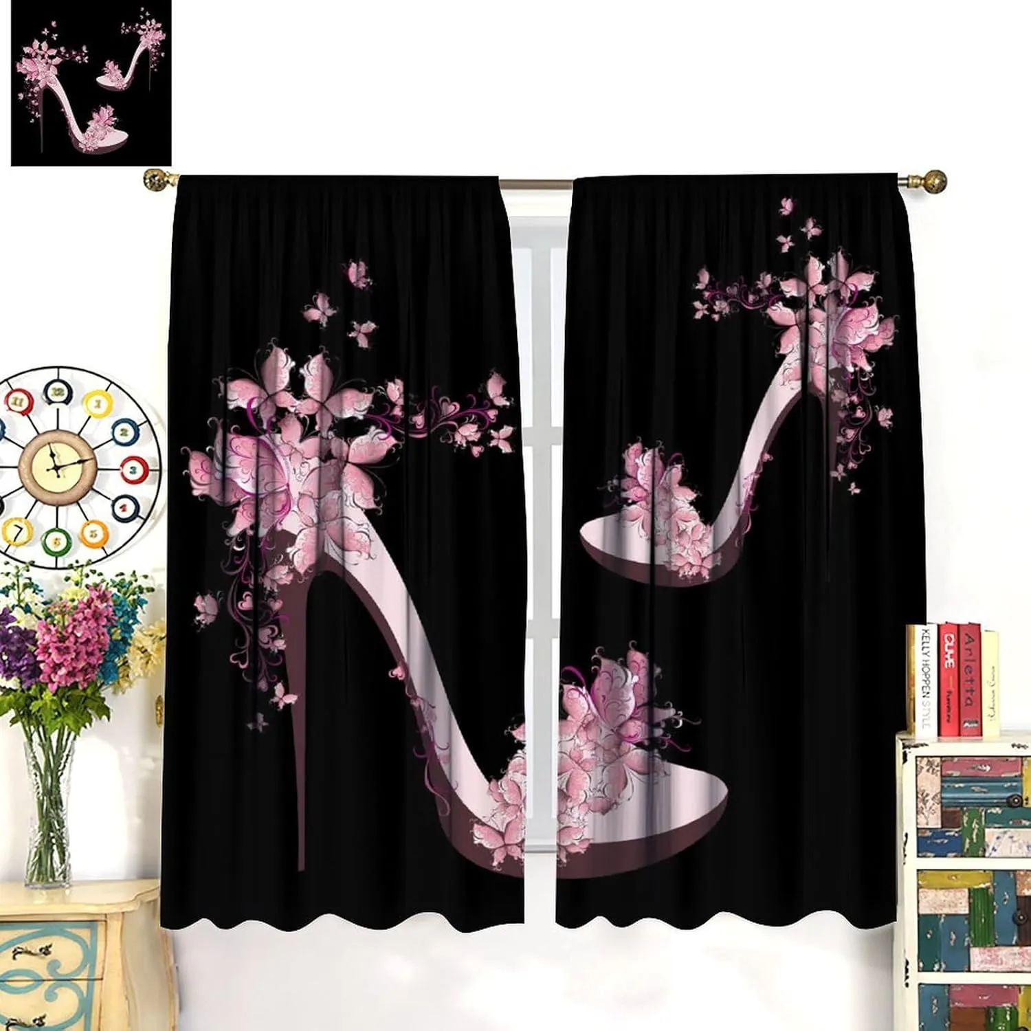 High Heels Blackout Curtains Pink Black Butterfly Flower Abstract Art Print for Girls Women Bedroom Living Room Rod Pocket Decoration Window Drapes 2 Panels W31.5xL63in