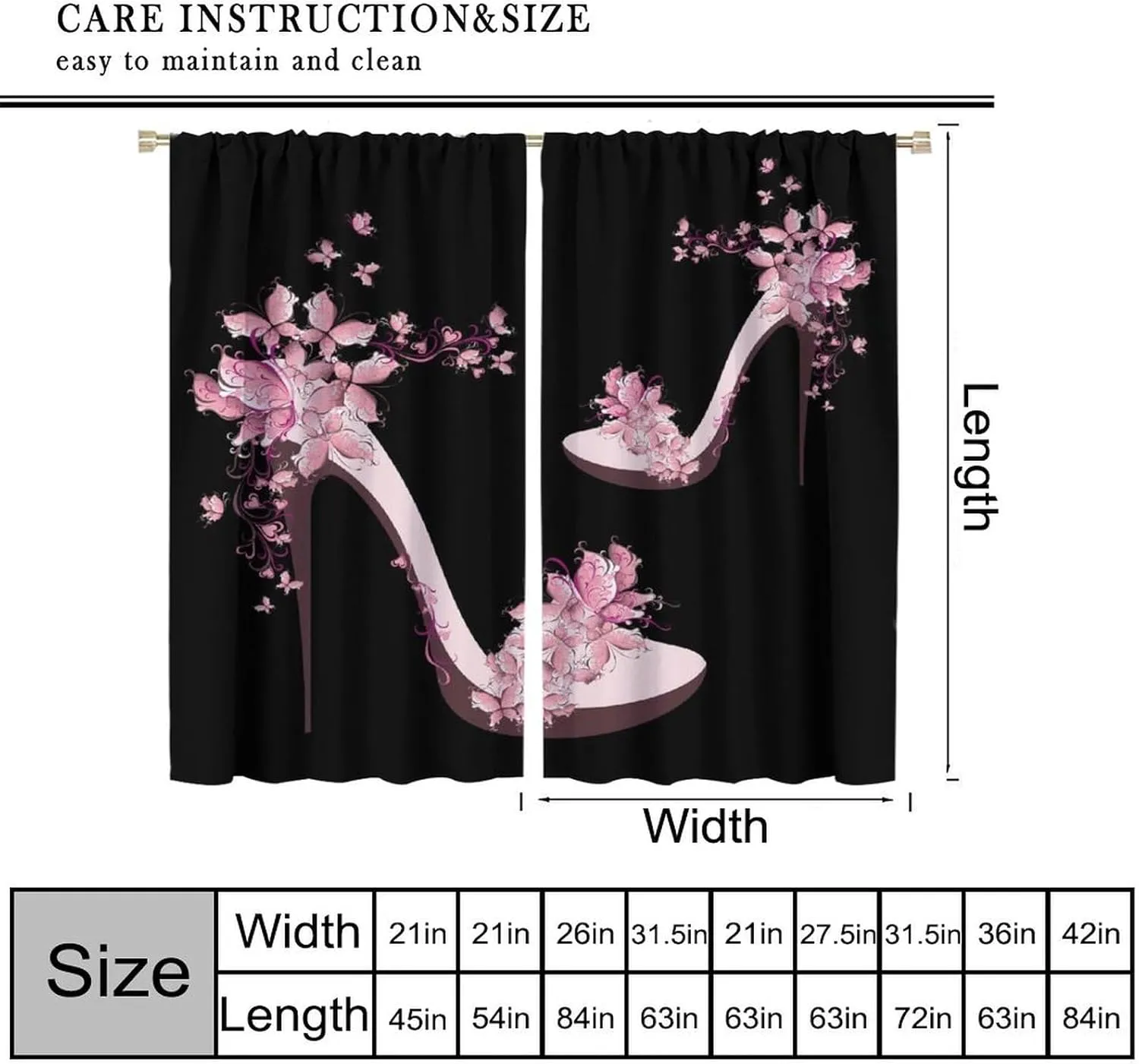 High Heels Blackout Curtains Pink Black Butterfly Flower Abstract Art Print for Girls Women Bedroom Living Room Rod Pocket Decoration Window Drapes 2 Panels W31.5xL63in