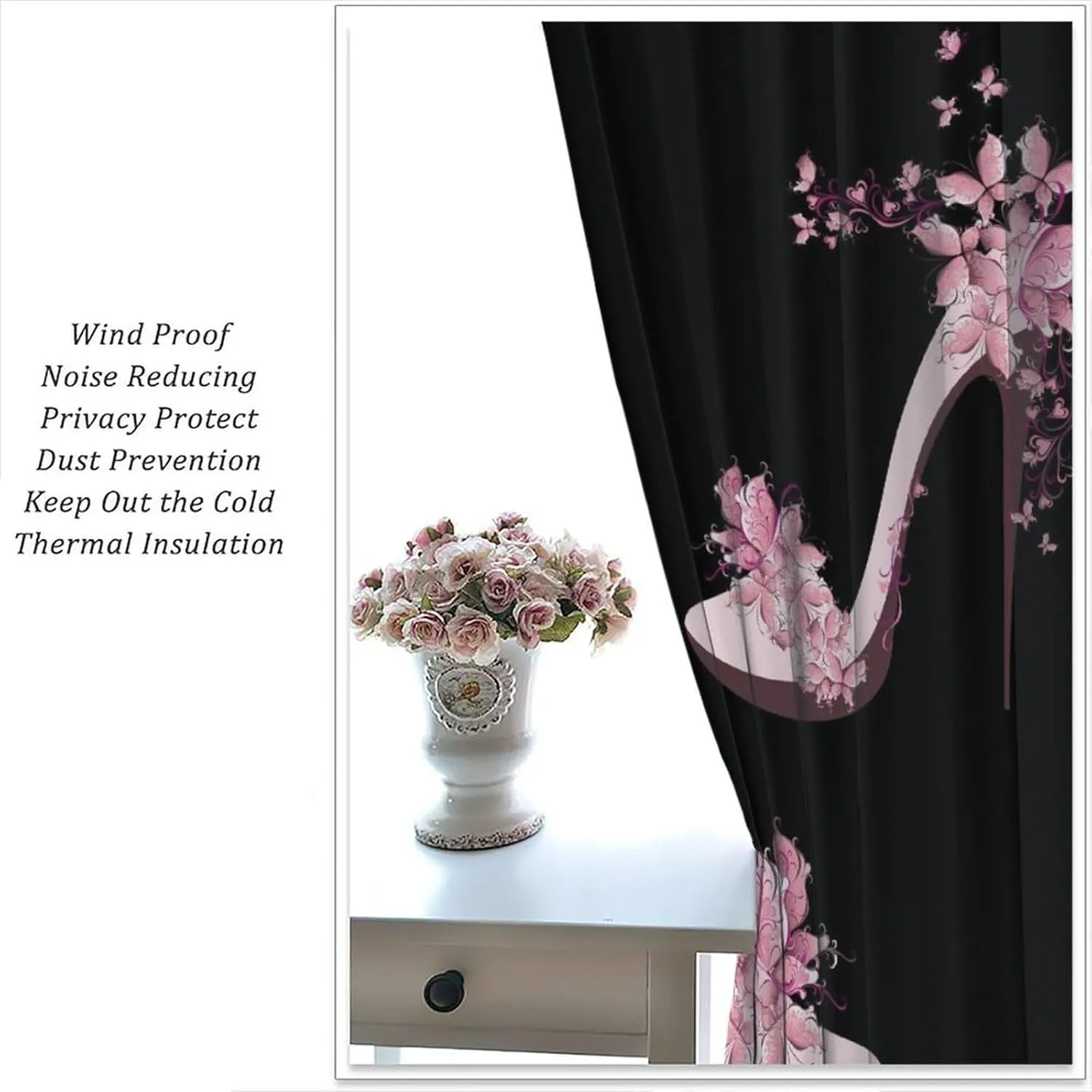 High Heels Blackout Curtains Pink Black Butterfly Flower Abstract Art Print for Girls Women Bedroom Living Room Rod Pocket Decoration Window Drapes 2 Panels W31.5xL63in