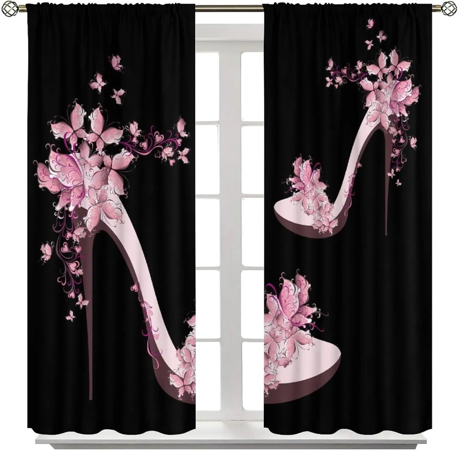 High Heels Blackout Curtains Pink Black Butterfly Flower Abstract Art Print for Girls Women Bedroom Living Room Rod Pocket Decoration Window Drapes 2 Panels W31.5xL63in