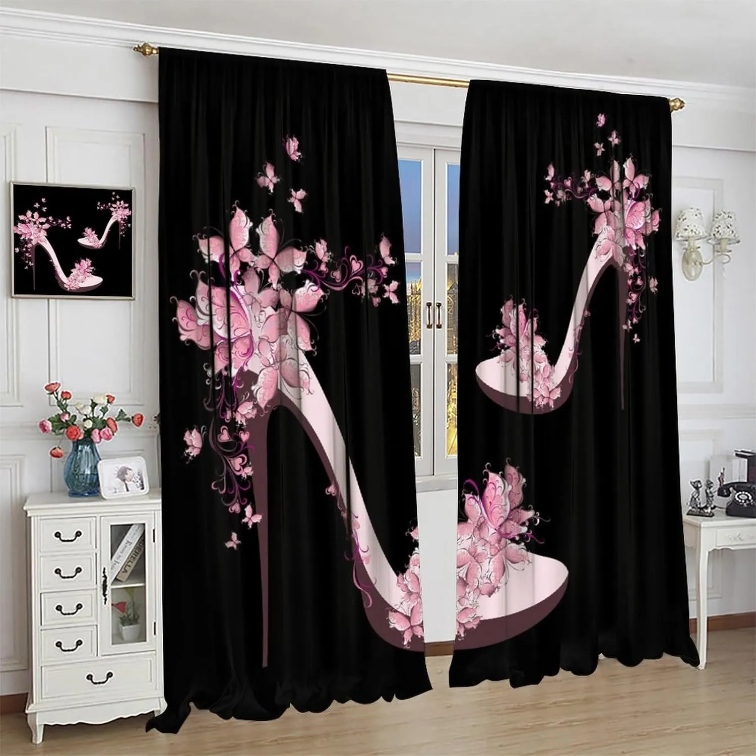 High Heels Blackout Curtains Pink Black Butterfly Flower Abstract Art Print for Girls Women Bedroom Living Room Rod Pocket Decoration Window Drapes 2 Panels W31.5xL63in