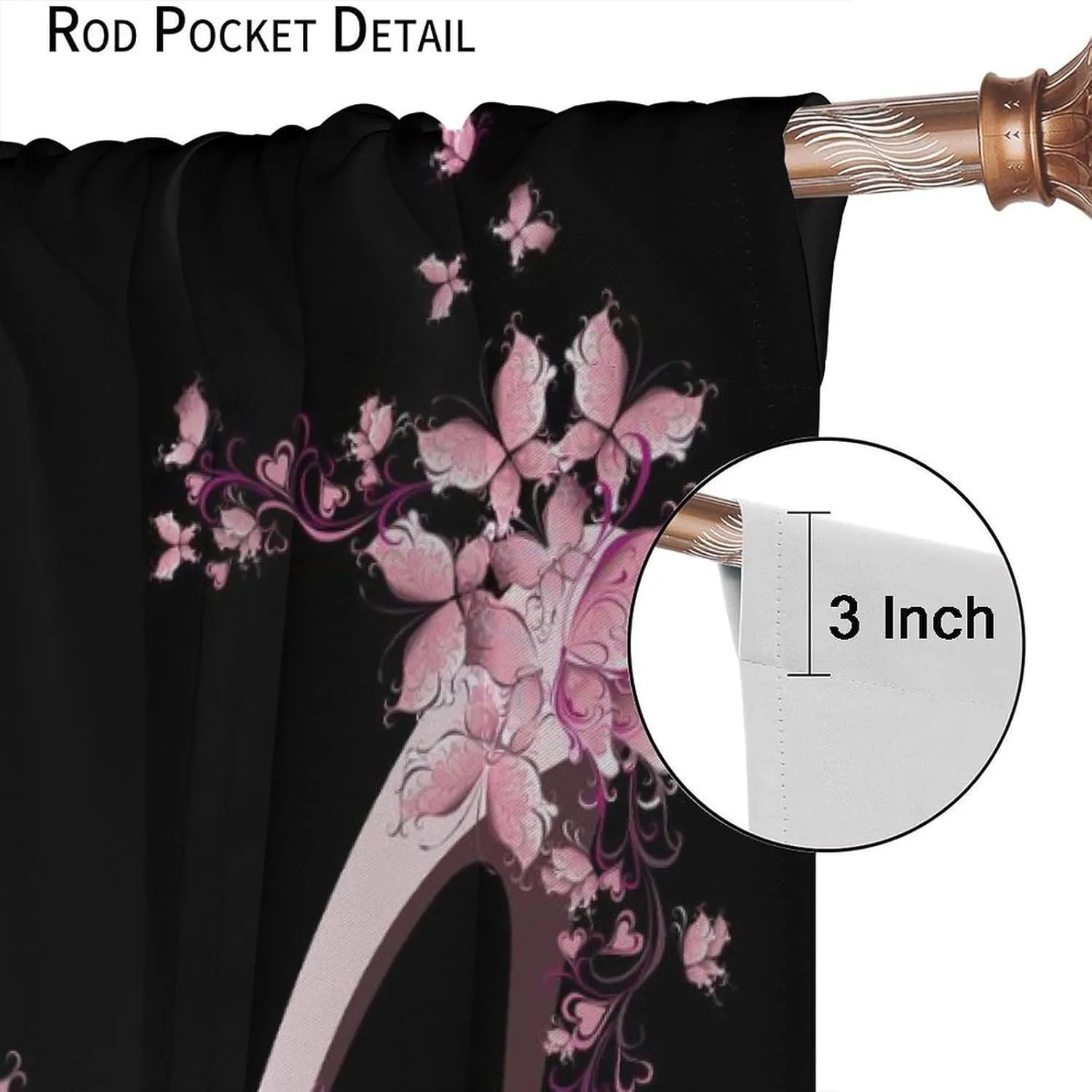 High Heels Blackout Curtains Pink Black Butterfly Flower Abstract Art Print for Girls Women Bedroom Living Room Rod Pocket Decoration Window Drapes 2 Panels W31.5xL63in