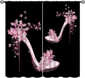 High Heels Blackout Curtains Pink Black Butterfly Flower Abstract Art Print for Girls Women Bedroom Living Room Rod Pocket Decoration Window Drapes 2 Panels W31.5xL63in