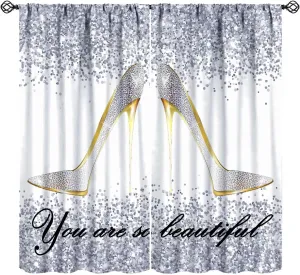 High Heels Blackout Curtains Silver Sexy Beautiful High Heels Fashion Modern Art Print for Girls Women Bedroom Living Room Rod Pocket Decoration Window Drapes 2 Panels W21xL45in