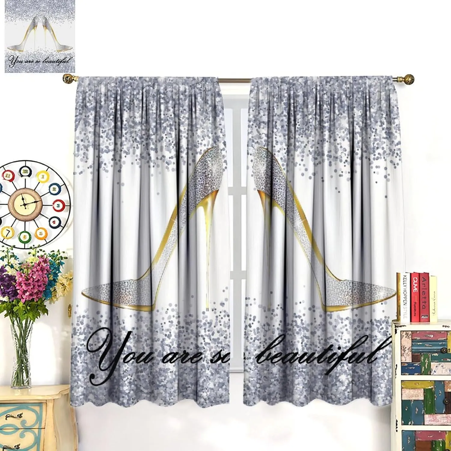 High Heels Blackout Curtains Silver Sexy Beautiful High Heels Fashion Modern Art Print for Girls Women Bedroom Living Room Rod Pocket Decoration Window Drapes 2 Panels W21xL45in