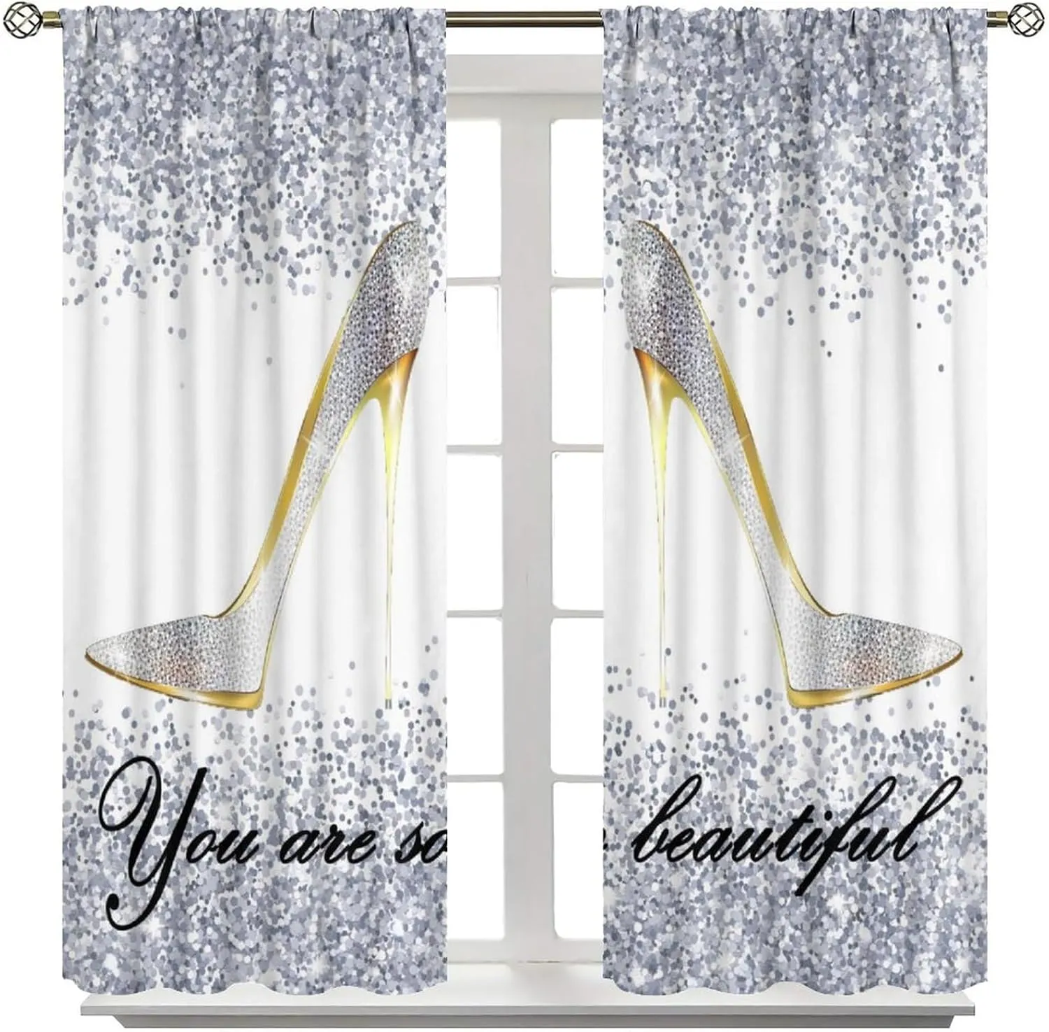 High Heels Blackout Curtains Silver Sexy Beautiful High Heels Fashion Modern Art Print for Girls Women Bedroom Living Room Rod Pocket Decoration Window Drapes 2 Panels W21xL45in