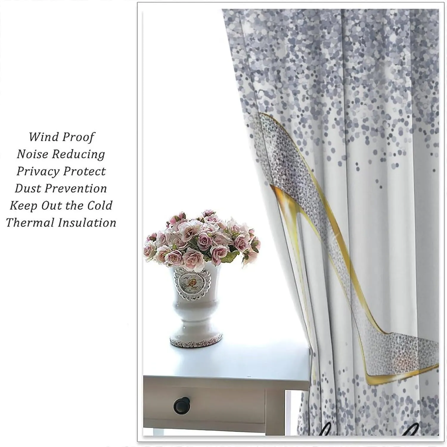 High Heels Blackout Curtains Silver Sexy Beautiful High Heels Fashion Modern Art Print for Girls Women Bedroom Living Room Rod Pocket Decoration Window Drapes 2 Panels W21xL45in