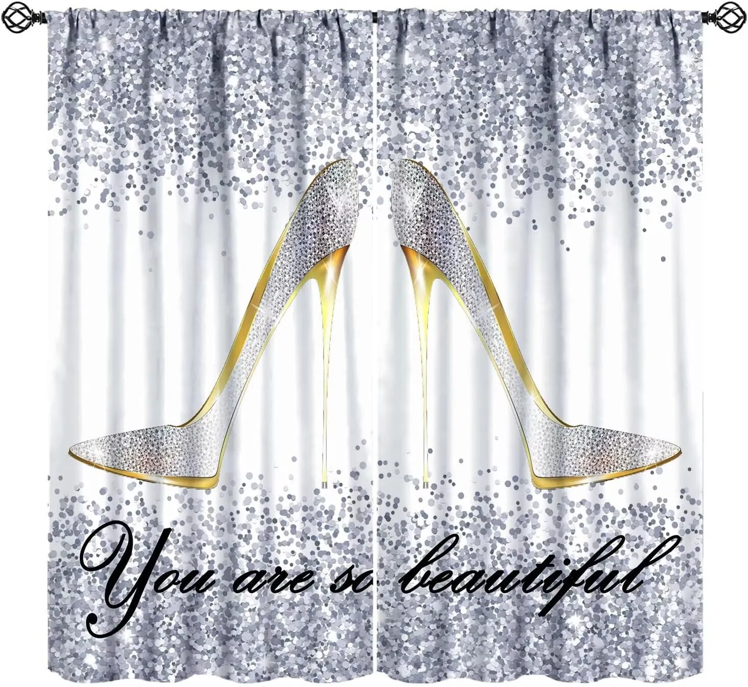 High Heels Blackout Curtains Silver Sexy Beautiful High Heels Fashion Modern Art Print for Girls Women Bedroom Living Room Rod Pocket Decoration Window Drapes 2 Panels W21xL45in