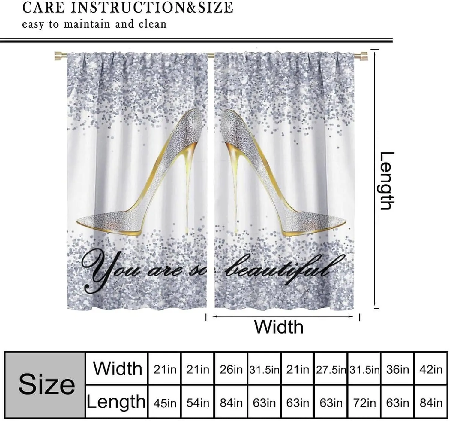 High Heels Blackout Curtains Silver Sexy Beautiful High Heels Fashion Modern Art Print for Girls Women Bedroom Living Room Rod Pocket Decoration Window Drapes 2 Panels W21xL45in