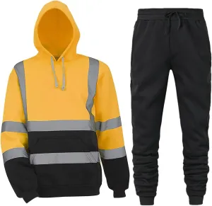 High Visibility Sweatshirt Sets for Men Hi Vis Reflective Safety Pant and Construction Work Hooded Pullover Sets