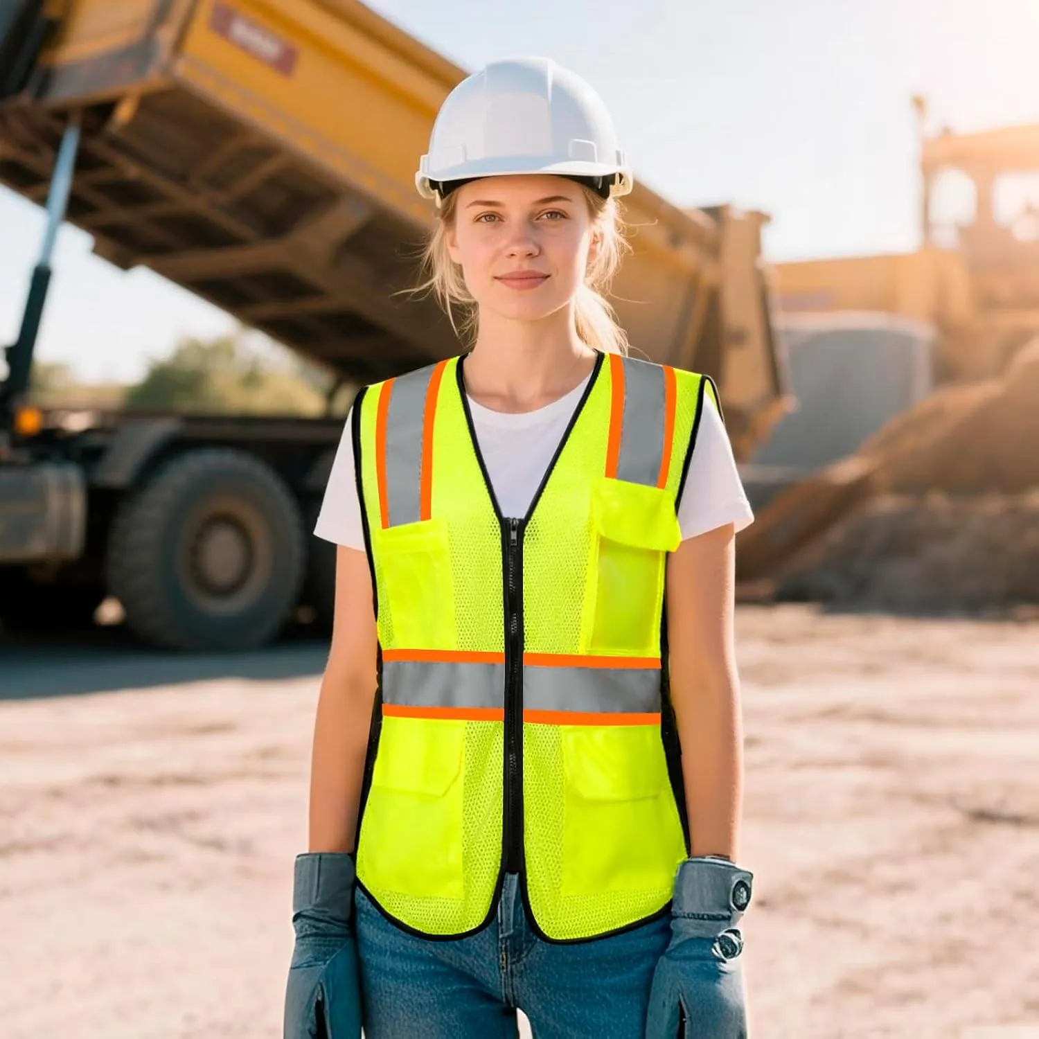High Visibility Vest for Women Reflective Safety Vest with 9 Pockets, Hi Vis Vest for Surveyors, Construction Work, Workers, Meets ANSI, WBX-Yellow Large
