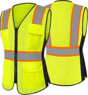 High Visibility Vest for Women Reflective Safety Vest with 9 Pockets, Hi Vis Vest for Surveyors, Construction Work, Workers, Meets ANSI, WBX-Yellow Large