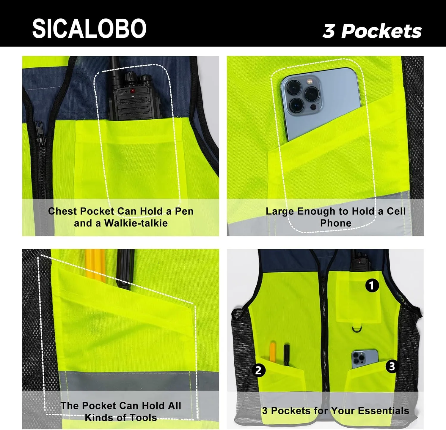 High Visibility Vest with 3 Pockets Zipper for Men,Construction Vest with Reflective Strips,Hi Vis ANSI Class 2