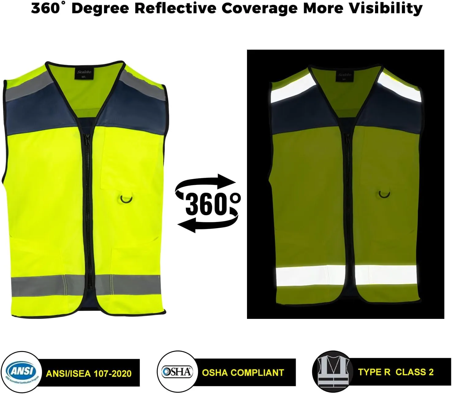 High Visibility Vest with 3 Pockets Zipper for Men,Construction Vest with Reflective Strips,Hi Vis ANSI Class 2