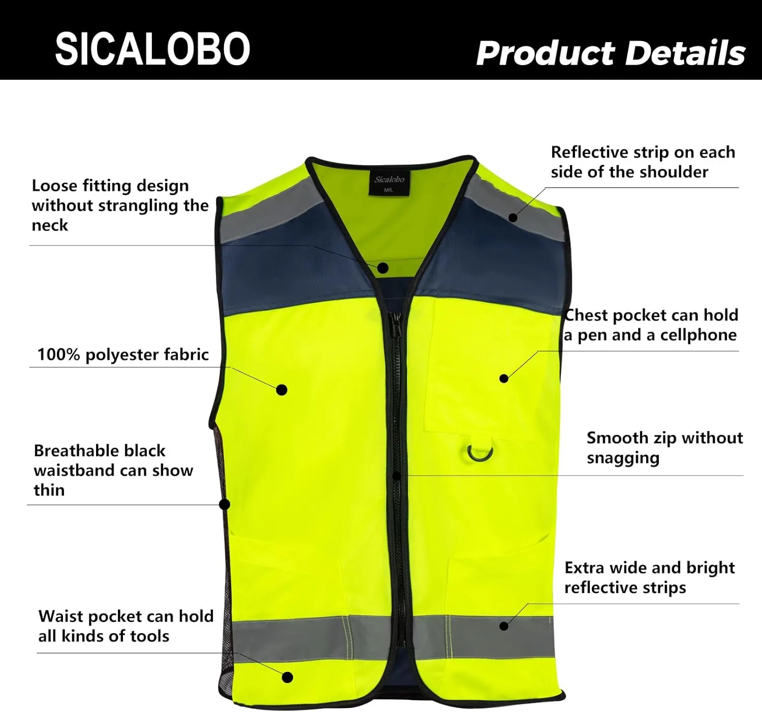 High Visibility Vest with 3 Pockets Zipper for Men,Construction Vest with Reflective Strips,Hi Vis ANSI Class 2