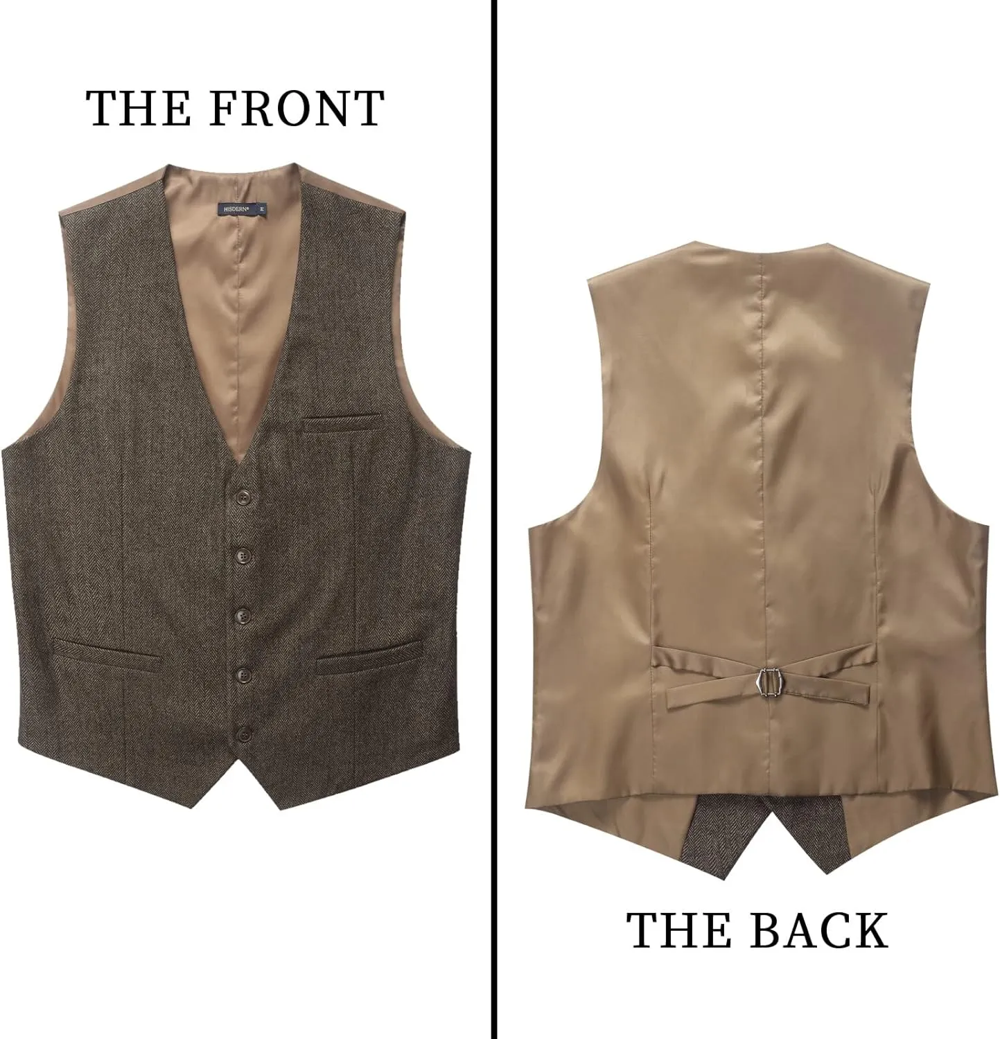 HISDERN Men's Herringbone Tweed Vest British Wedding Premium Wool Blend Suit Vest Business Formal Dress Vests Waistcoat