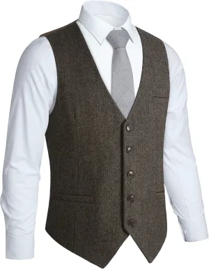HISDERN Men's Herringbone Tweed Vest British Wedding Premium Wool Blend Suit Vest Business Formal Dress Vests Waistcoat
