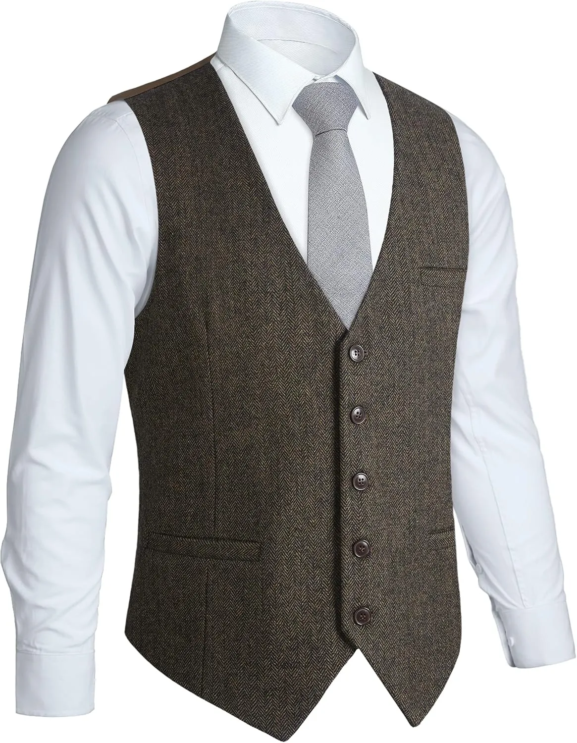 HISDERN Men's Herringbone Tweed Vest British Wedding Premium Wool Blend Suit Vest Business Formal Dress Vests Waistcoat