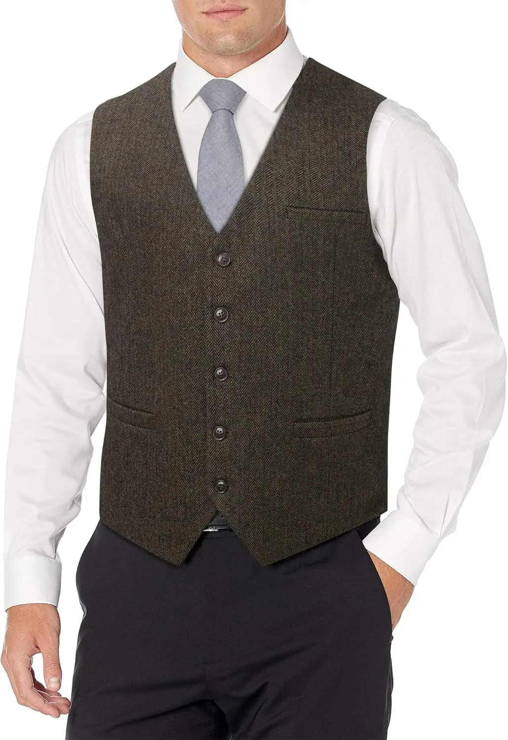 HISDERN Men's Herringbone Tweed Vest British Wedding Premium Wool Blend Suit Vest Business Formal Dress Vests Waistcoat