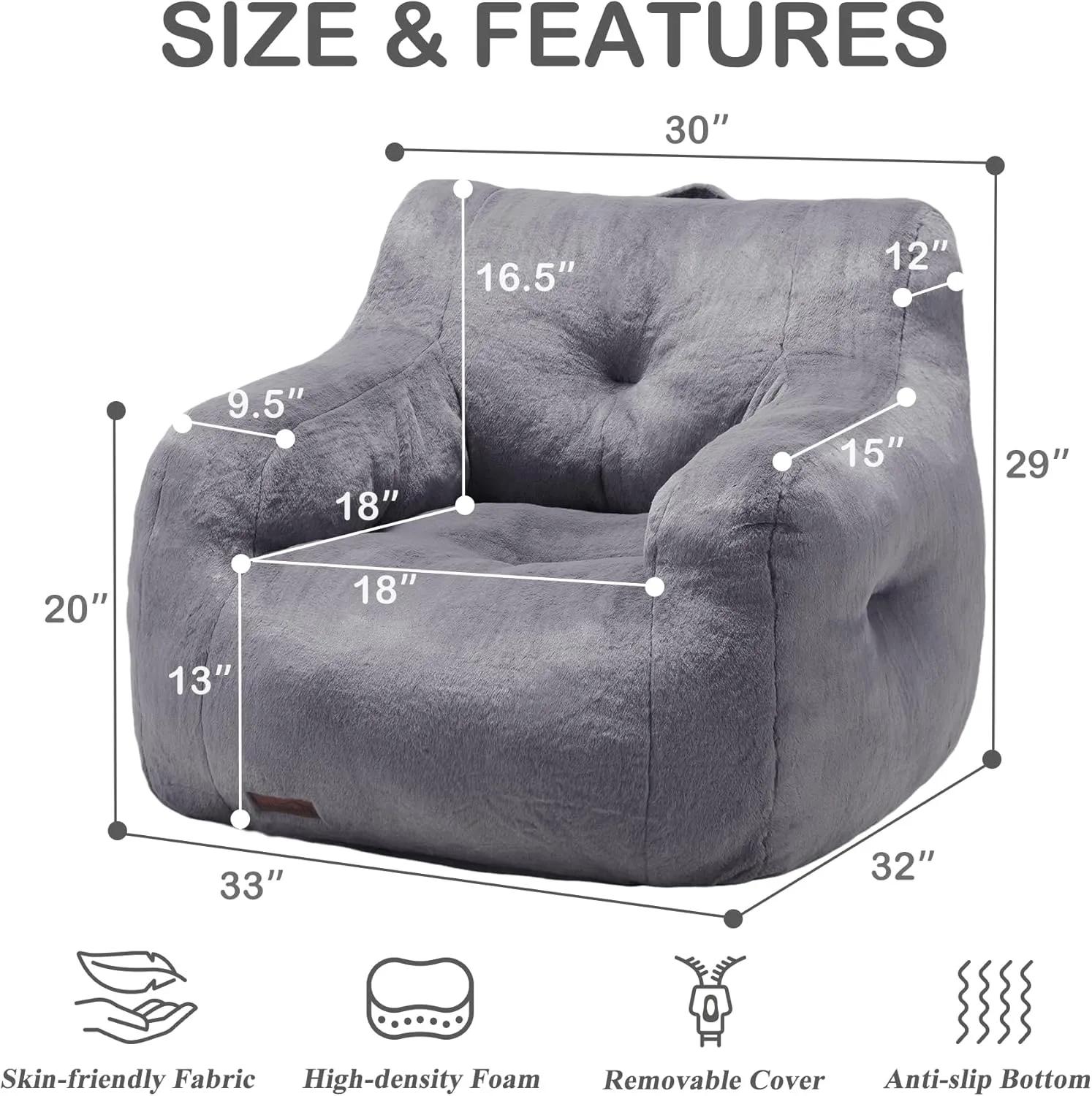 Hobestluk Bean Bag Chair for Adult Small Bean Bag Chairs with Arms Furry Beanbag Chair with Foam Filler Stuffed Bean Bag Sofa for Reading in Bedroom Living Room and Dorms(Grey)