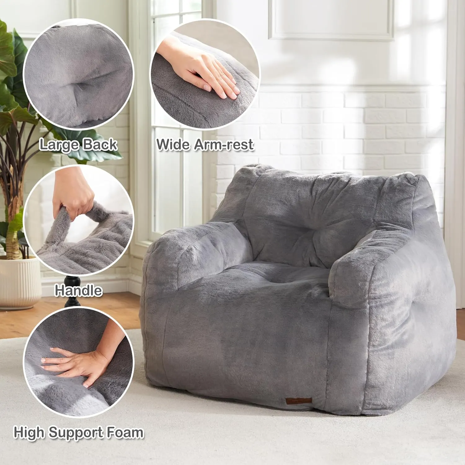 Hobestluk Bean Bag Chair for Adult Small Bean Bag Chairs with Arms Furry Beanbag Chair with Foam Filler Stuffed Bean Bag Sofa for Reading in Bedroom Living Room and Dorms(Grey)