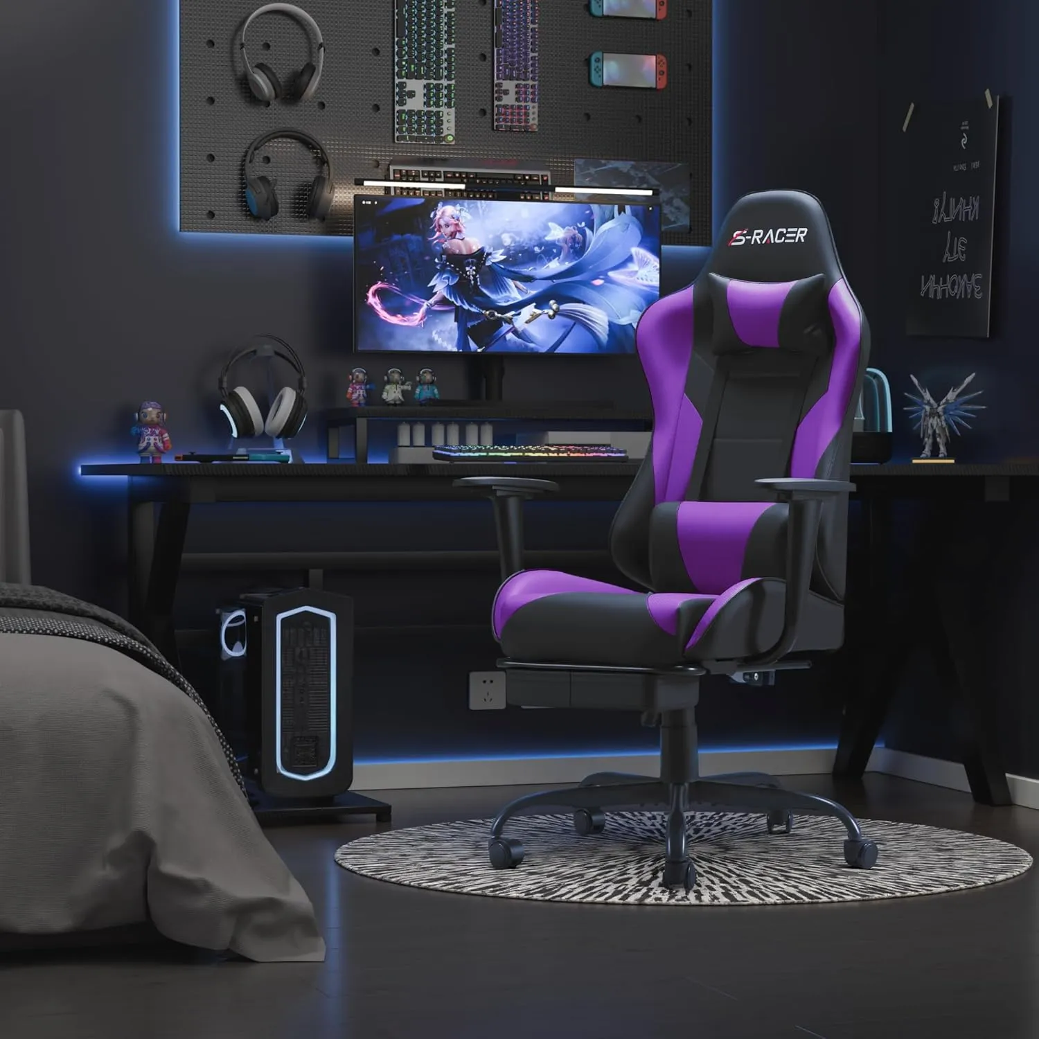 Homall Gaming Chairs, Computer Chair with Footrest and Massage Lumbar Support, Height Adjustable Game Chair with Headrest and Swivel Seat (Purple)