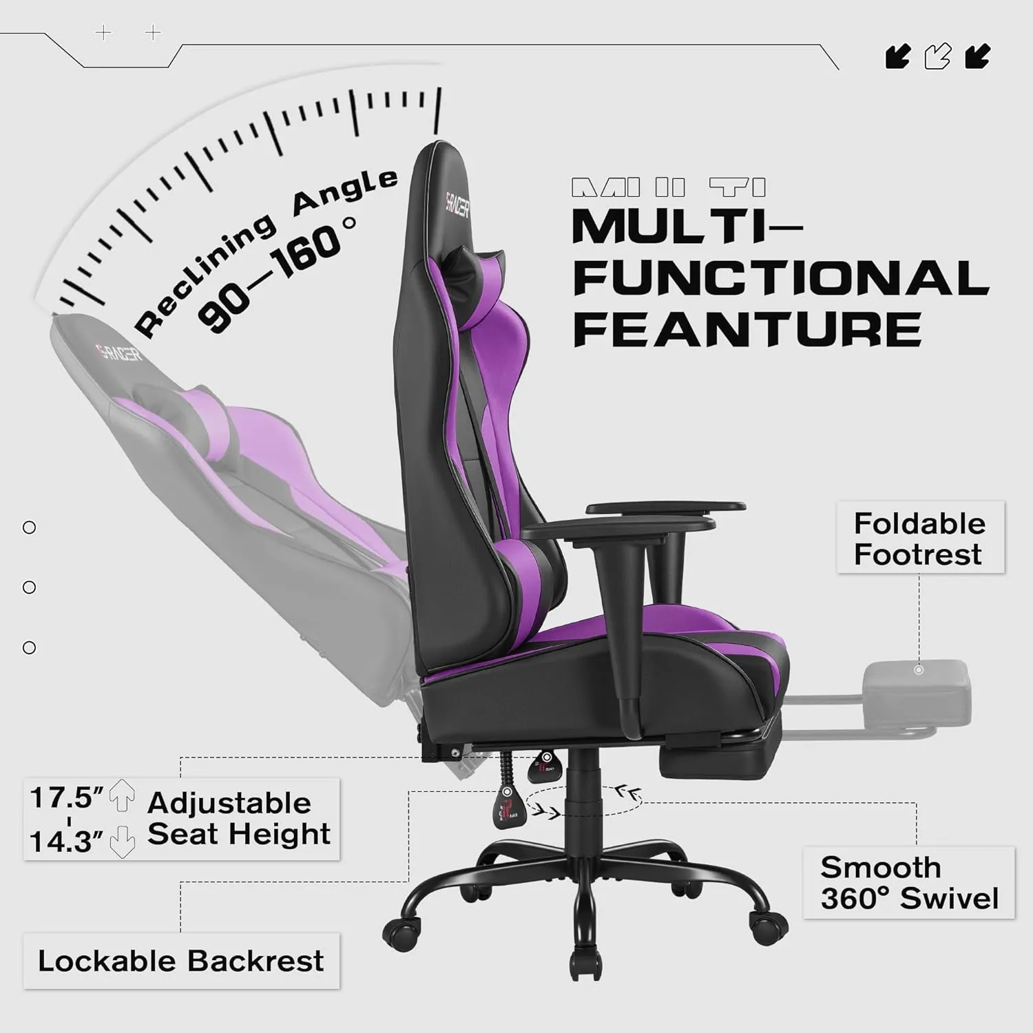 Homall Gaming Chairs, Computer Chair with Footrest and Massage Lumbar Support, Height Adjustable Game Chair with Headrest and Swivel Seat (Purple)