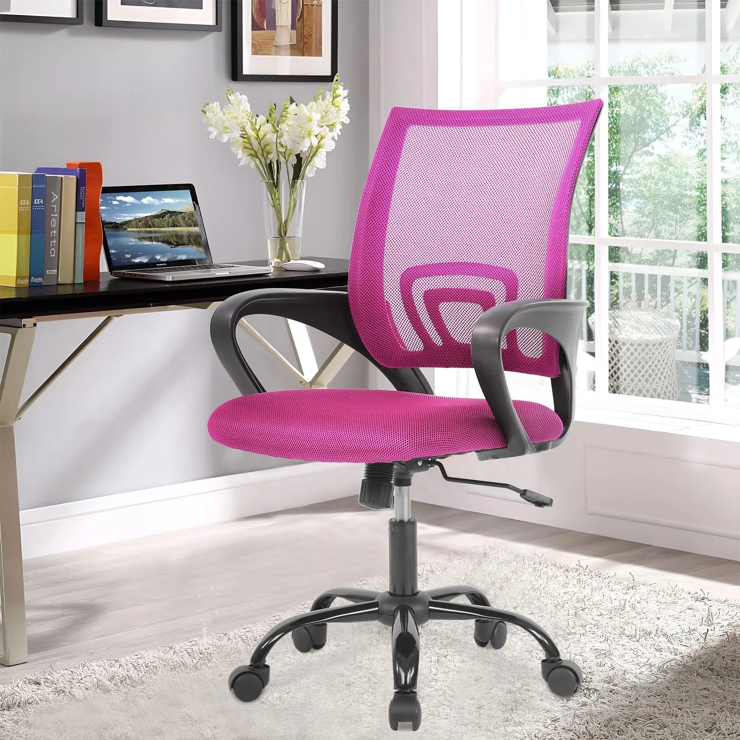 Home Office Chair Ergonomic Desk Chair Mesh Computer Chair with Lumbar Support Armrest Executive Rolling Swivel Adjustable Mid Back Task Study Chair for Teens Adults,Pink
