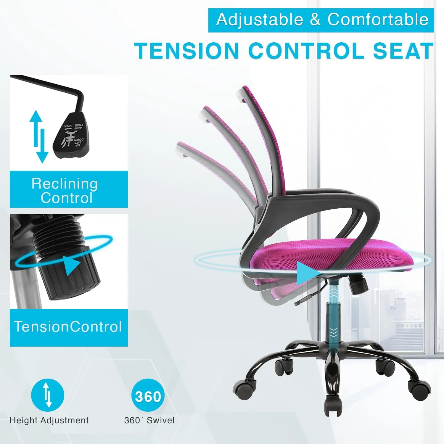 Home Office Chair Ergonomic Desk Chair Mesh Computer Chair with Lumbar Support Armrest Executive Rolling Swivel Adjustable Mid Back Task Study Chair for Teens Adults,Pink