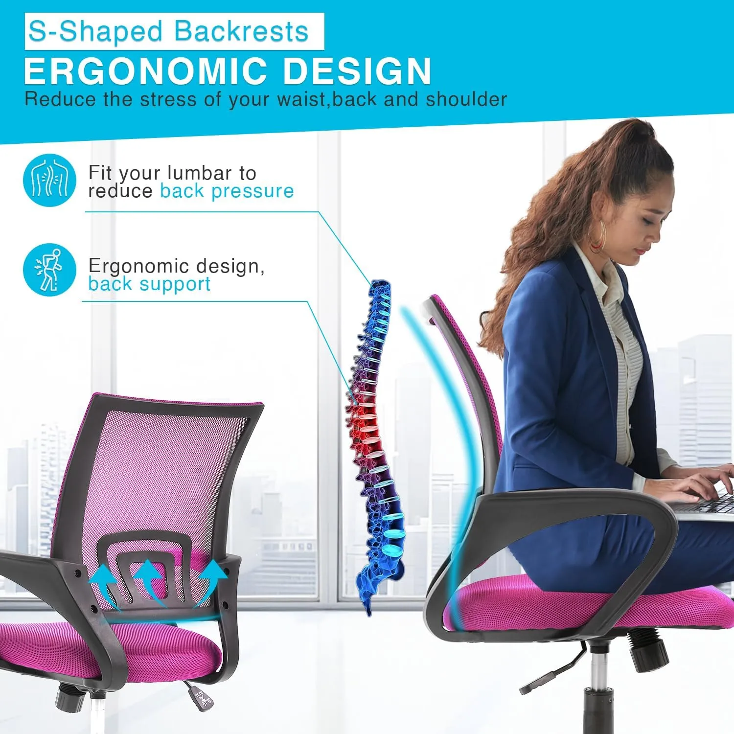 Home Office Chair Ergonomic Desk Chair Mesh Computer Chair with Lumbar Support Armrest Executive Rolling Swivel Adjustable Mid Back Task Study Chair for Teens Adults,Pink