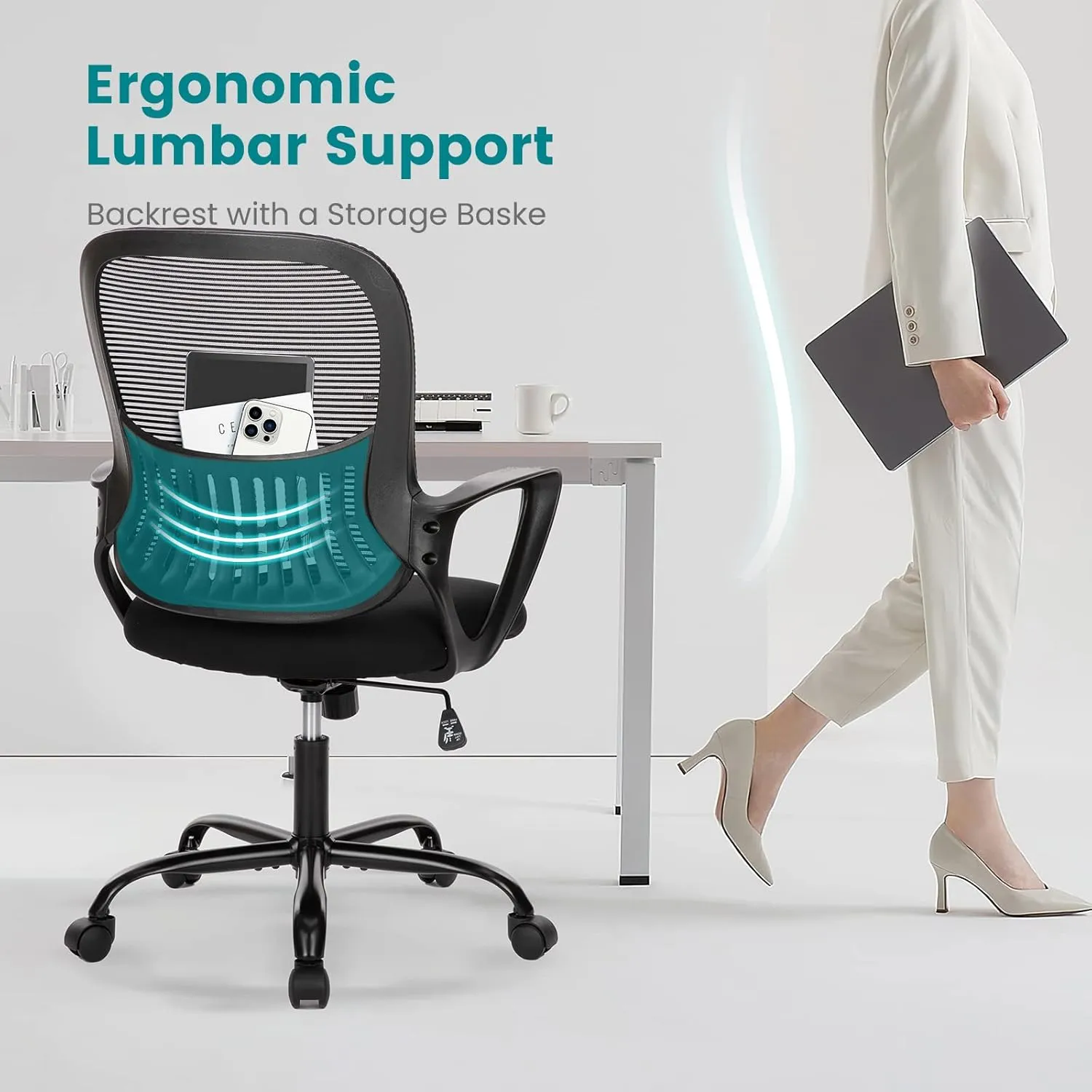 Home Office Computer Desk Chair, Ergonomic Mid-Back Mesh Swivel Rolling Work with Wheels, Comfortable Lumbar Support, Comfy Arms, Bedroom, Study, Dorm, Student, Adults
