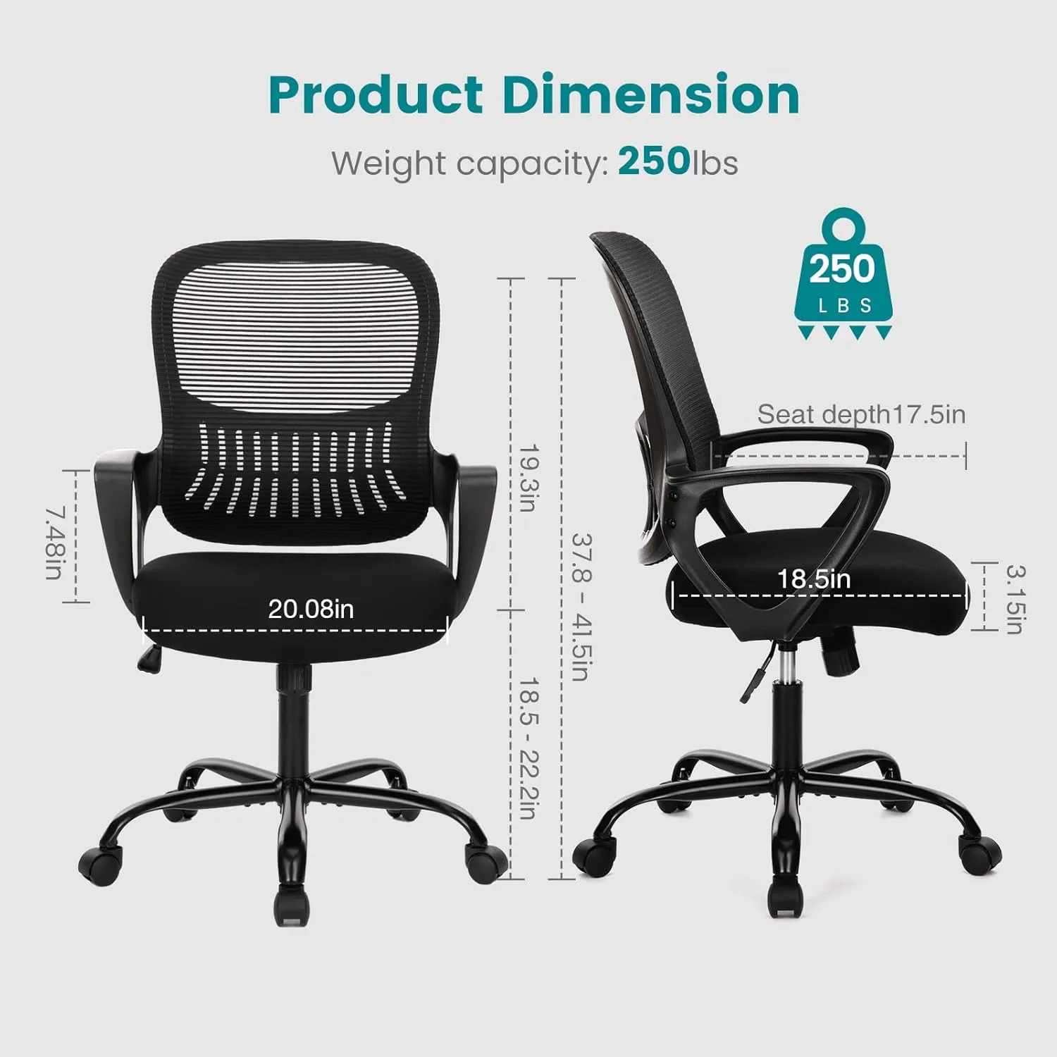 Home Office Computer Desk Chair, Ergonomic Mid-Back Mesh Swivel Rolling Work with Wheels, Comfortable Lumbar Support, Comfy Arms, Bedroom, Study, Dorm, Student, Adults