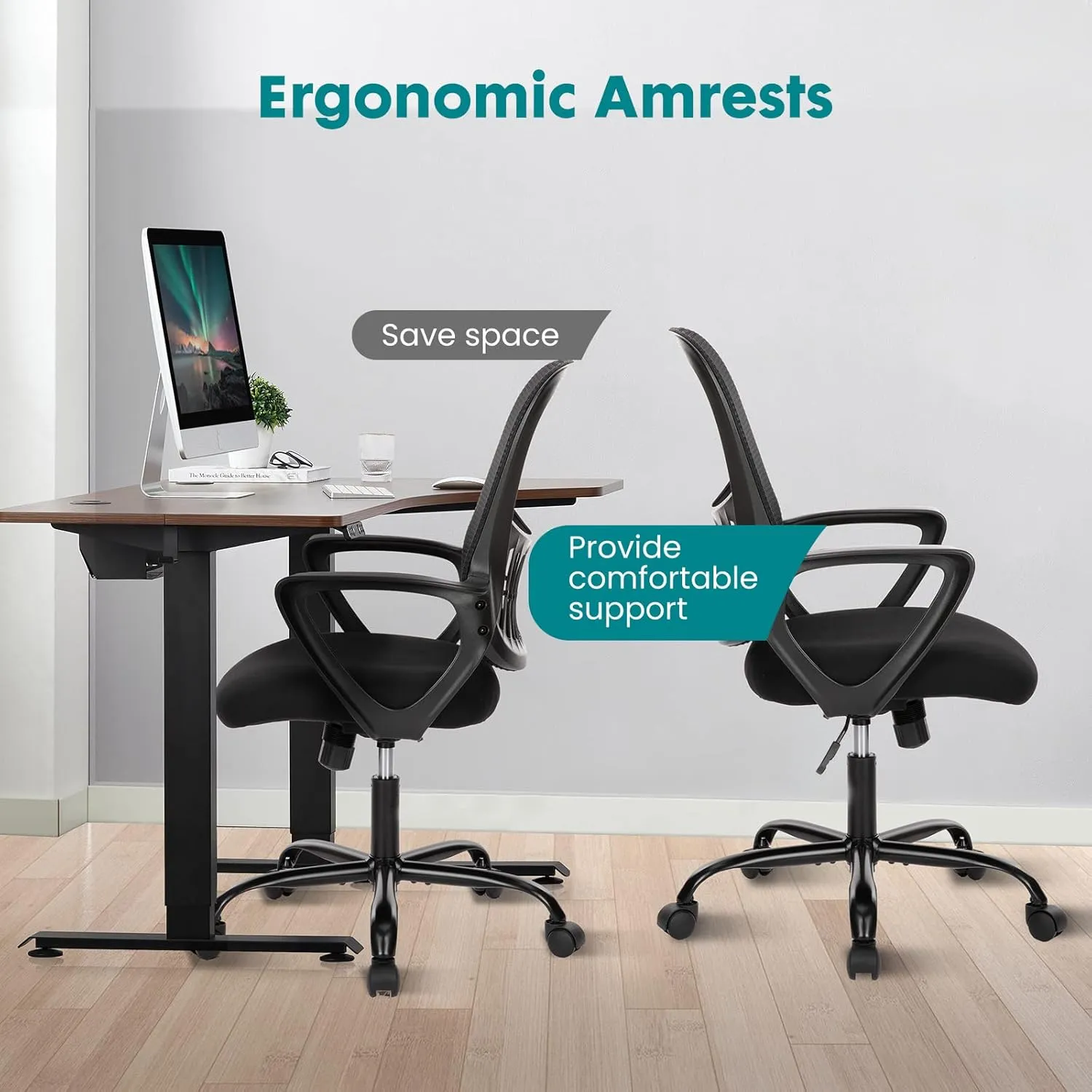Home Office Computer Desk Chair, Ergonomic Mid-Back Mesh Swivel Rolling Work with Wheels, Comfortable Lumbar Support, Comfy Arms, Bedroom, Study, Dorm, Student, Adults