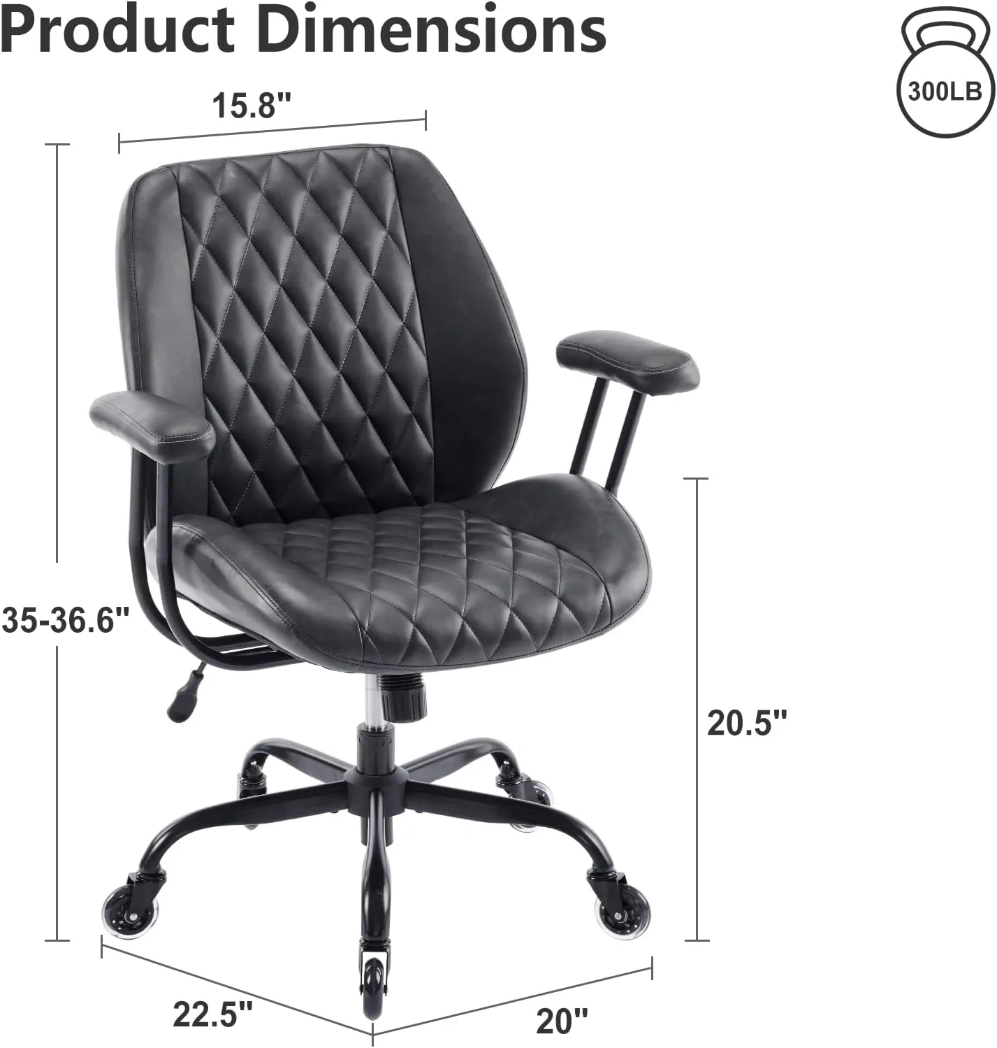 Home Office Desk Chair Office Rubber Casters Ergonomic Computer Chair with Lumbar Support Adjustable Height Rolling Swivel Executive Task Armrests Chair， Black PU