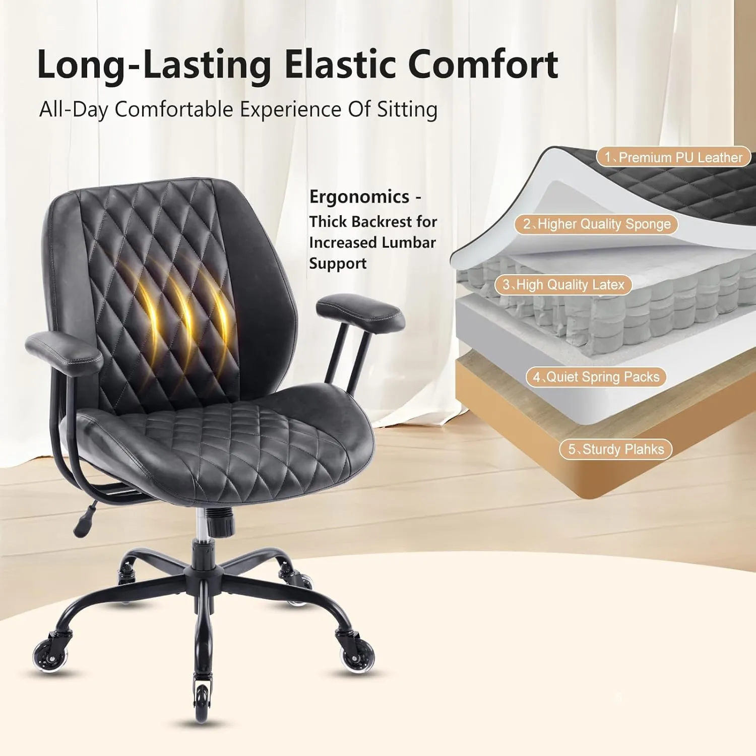 Home Office Desk Chair Office Rubber Casters Ergonomic Computer Chair with Lumbar Support Adjustable Height Rolling Swivel Executive Task Armrests Chair， Black PU