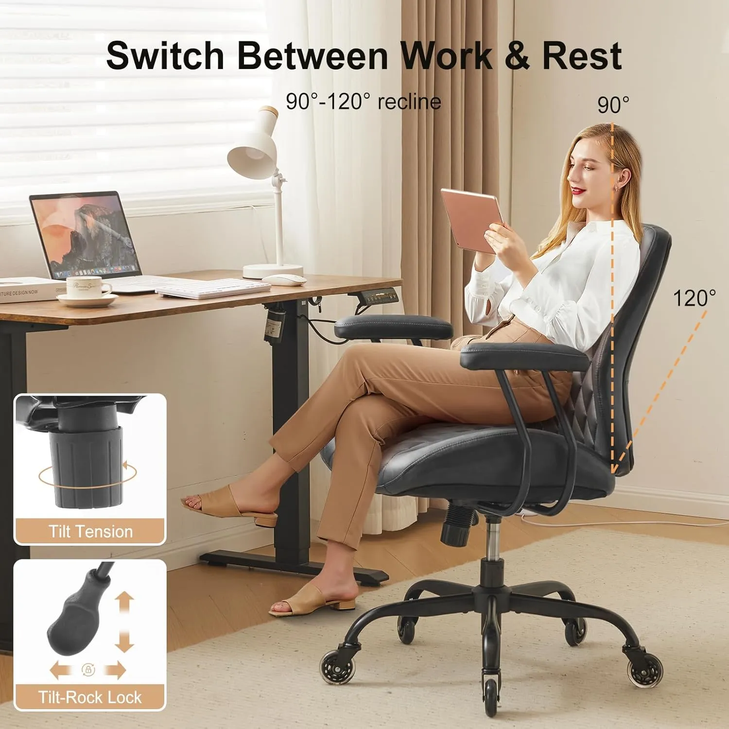 Home Office Desk Chair Office Rubber Casters Ergonomic Computer Chair with Lumbar Support Adjustable Height Rolling Swivel Executive Task Armrests Chair， Black PU