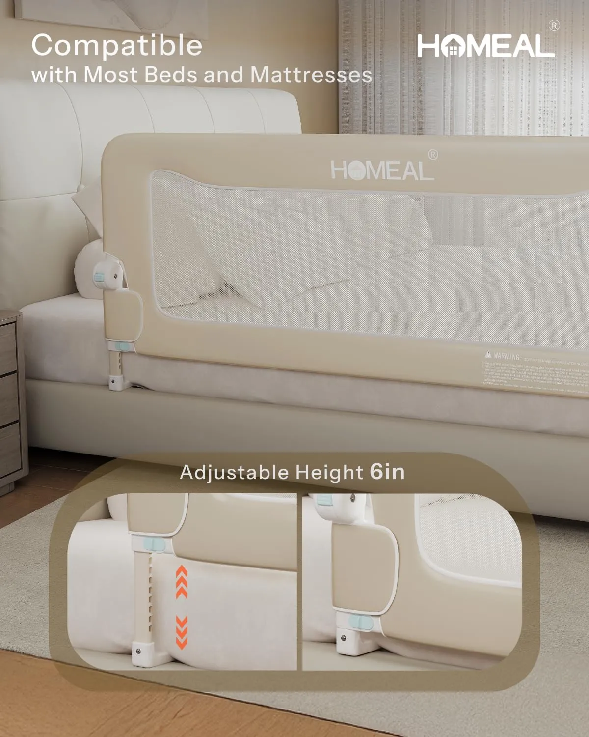 HOMEAL Bed Rail for Toddlers, 32in Swing Down Toddler Bed Rails with U-Shape Base, Foldable Baby Bed Rail Guard, Twin Size, Full Size, Queen Size, King Size Beds, Bed Rail for Baby, Beige