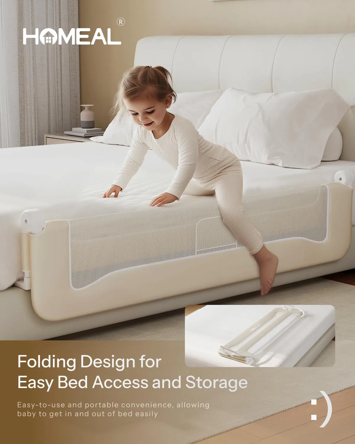 HOMEAL Bed Rail for Toddlers, 32in Swing Down Toddler Bed Rails with U-Shape Base, Foldable Baby Bed Rail Guard, Twin Size, Full Size, Queen Size, King Size Beds, Bed Rail for Baby, Beige