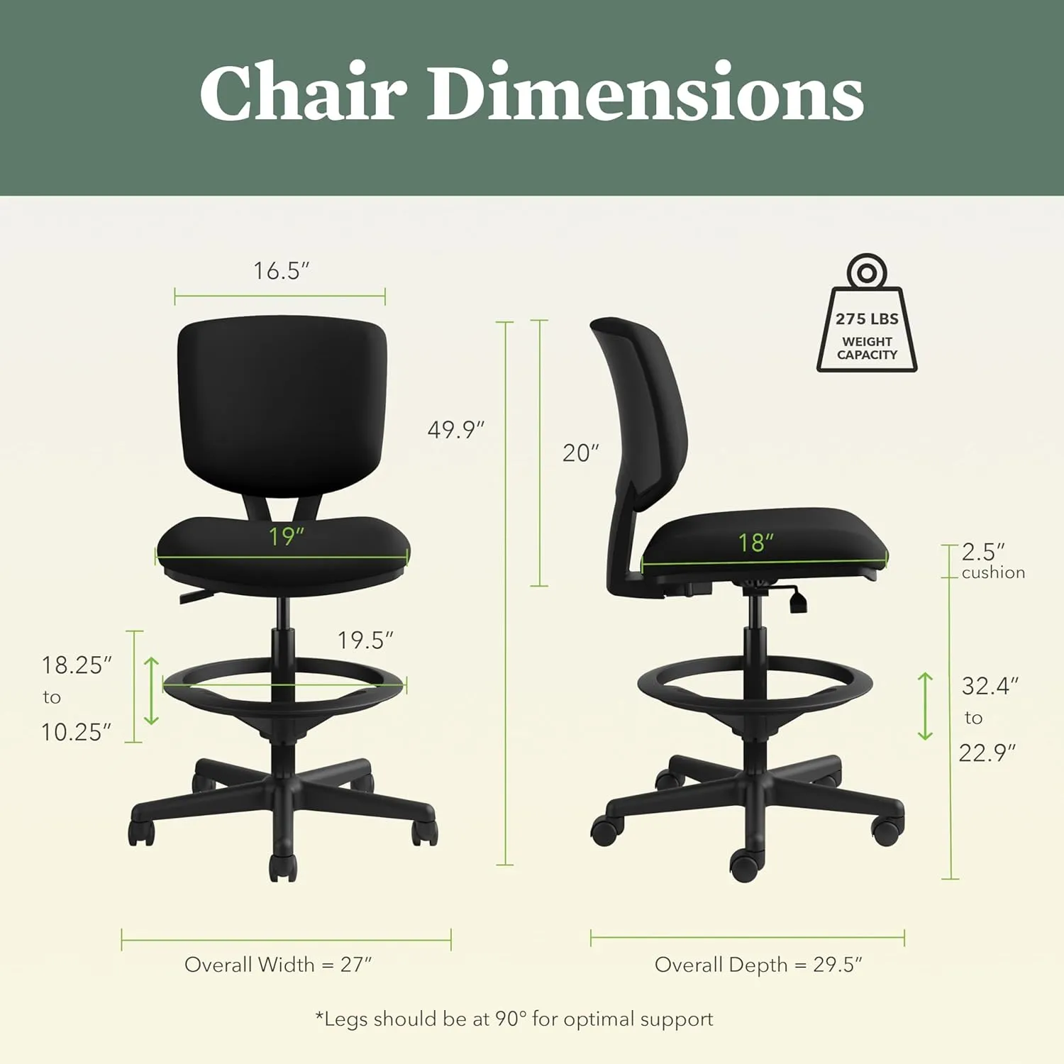 HON Volt Standing Desk Chair, Fabric Office Chair with Foot Rest, Armless, Ergonomic Recline and Center Tilt, Black