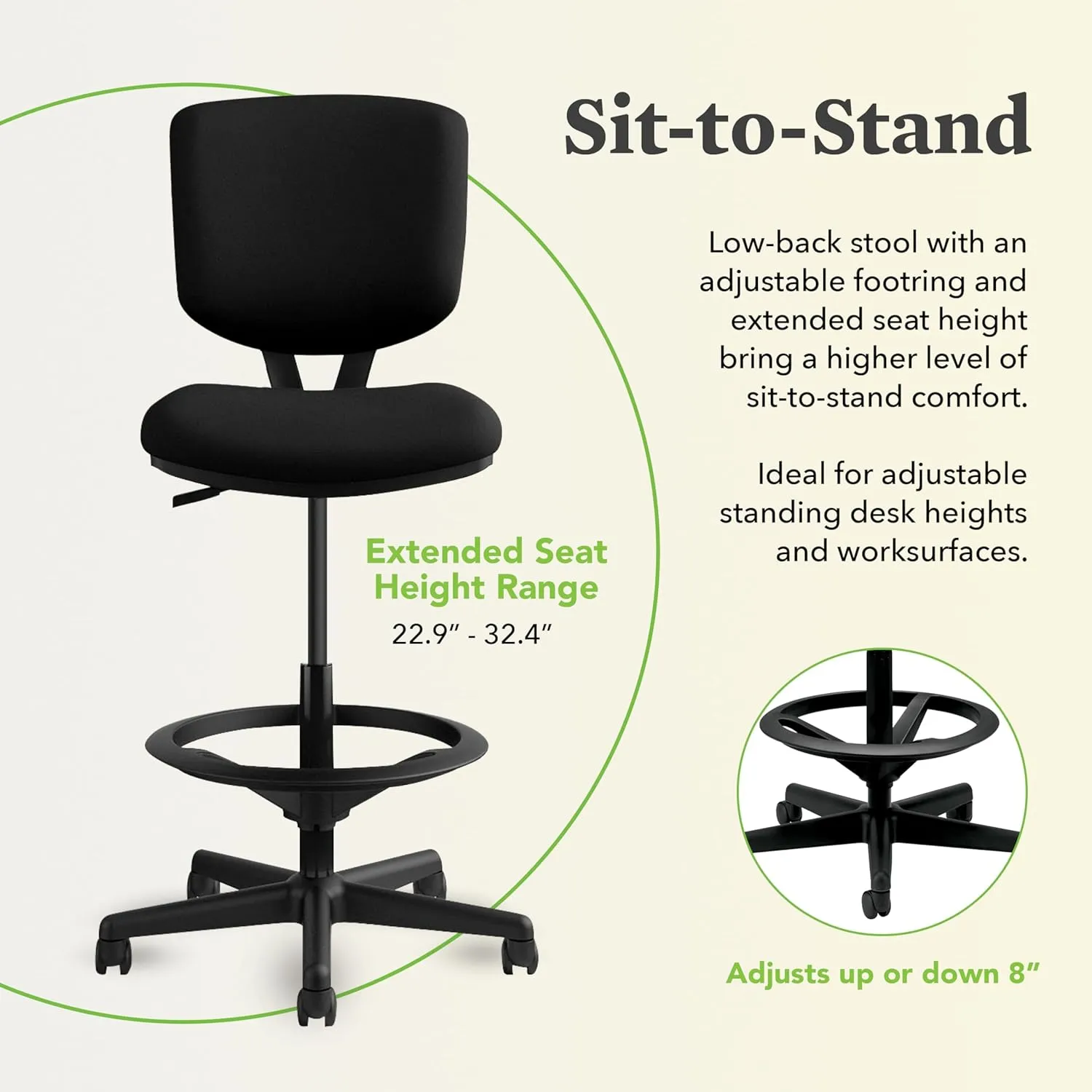 HON Volt Standing Desk Chair, Fabric Office Chair with Foot Rest, Armless, Ergonomic Recline and Center Tilt, Black