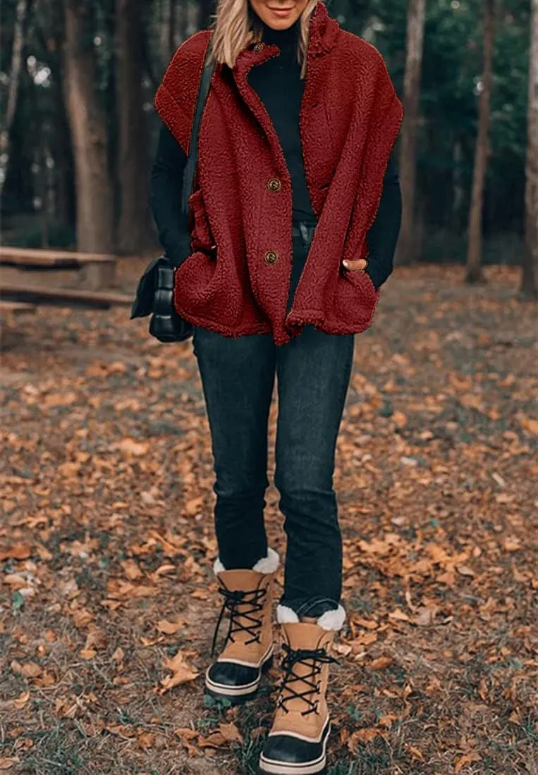 Hongqizo Womens Fuzzy Fleece Vest Casual Oversized Warm Button Down Sherpa Vest Jacket with Pockets