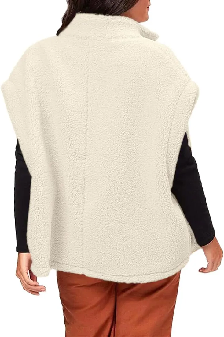 Hongqizo Womens Fuzzy Fleece Vest Casual Oversized Warm Button Down Sherpa Vest Jacket with Pockets