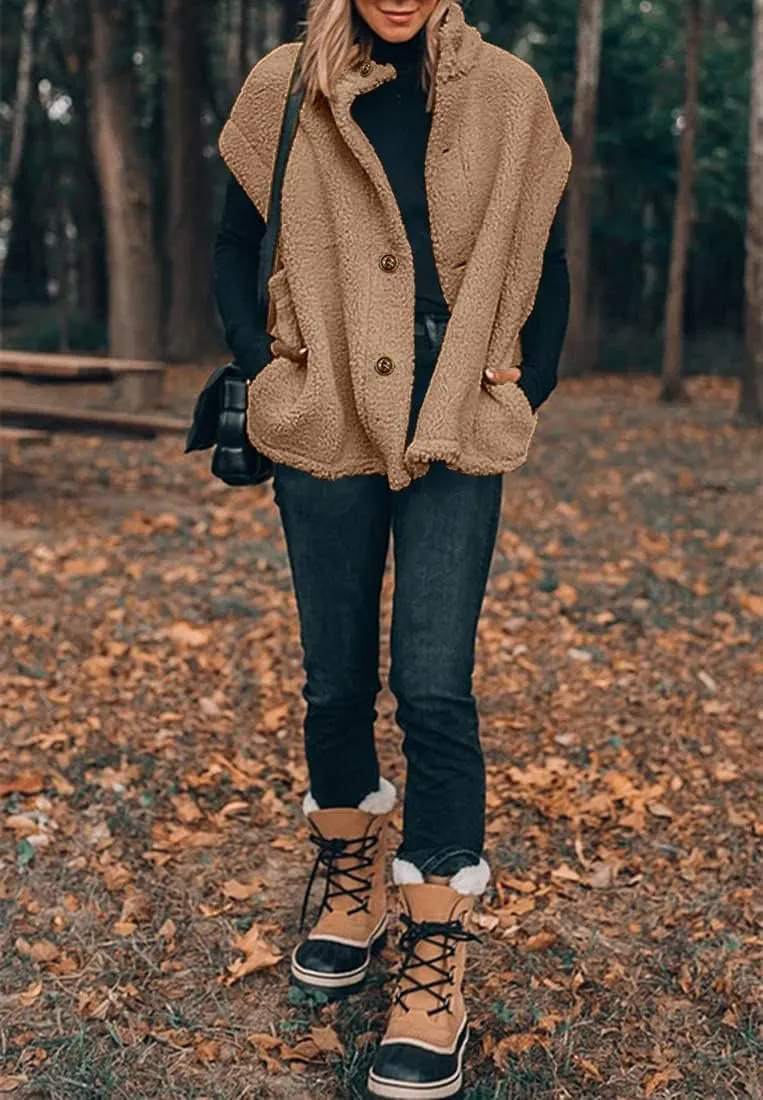 Hongqizo Womens Fuzzy Fleece Vest Casual Oversized Warm Button Down Sherpa Vest Jacket with Pockets