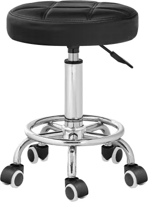 HOOBRO Round Rolling Stool with Wheels, Height Adjustable Swivel Stool, PU Leather Chair, Swivel Drafting Chair with Footrest, for Beauty Shop, Hair Salon, Bar, Studio, Black and Silver SB12BY01
