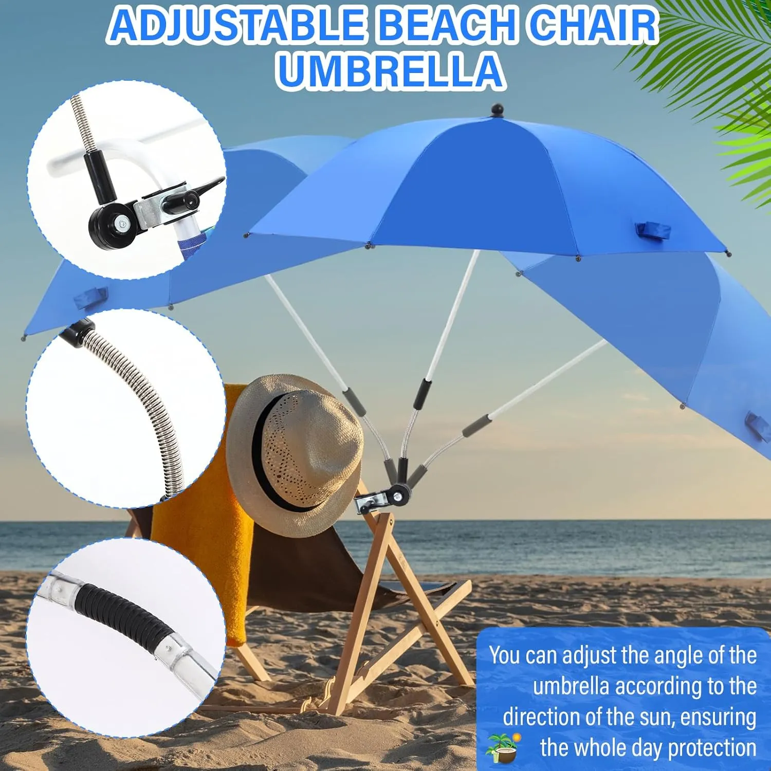 Hosuly 4 Pack Chair Umbrella with Clamp Universal 33.5 Inches 360° Adjustable UPF 50  UV Protection Beach Clip on Wheelchair Umbrella for Camping Stroller Golf Carts, Not Include Chair(Royalblue)