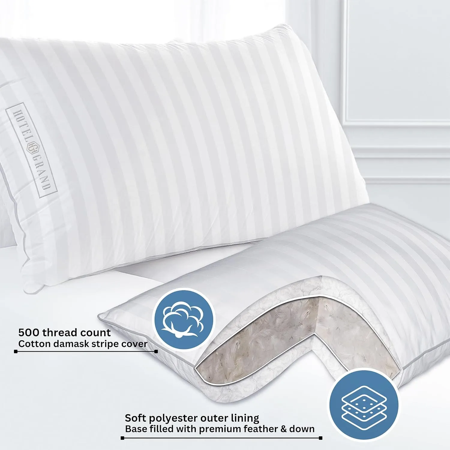 Hotel Grand Fluffy Feather Down Pillow 100% Cotton Queen Size Pillow Set of 2 Pack Medium Firm Hypoallergenic Pillows for Back/Side Sleeper Bed Pillows,20"x28"(Pack of 2)